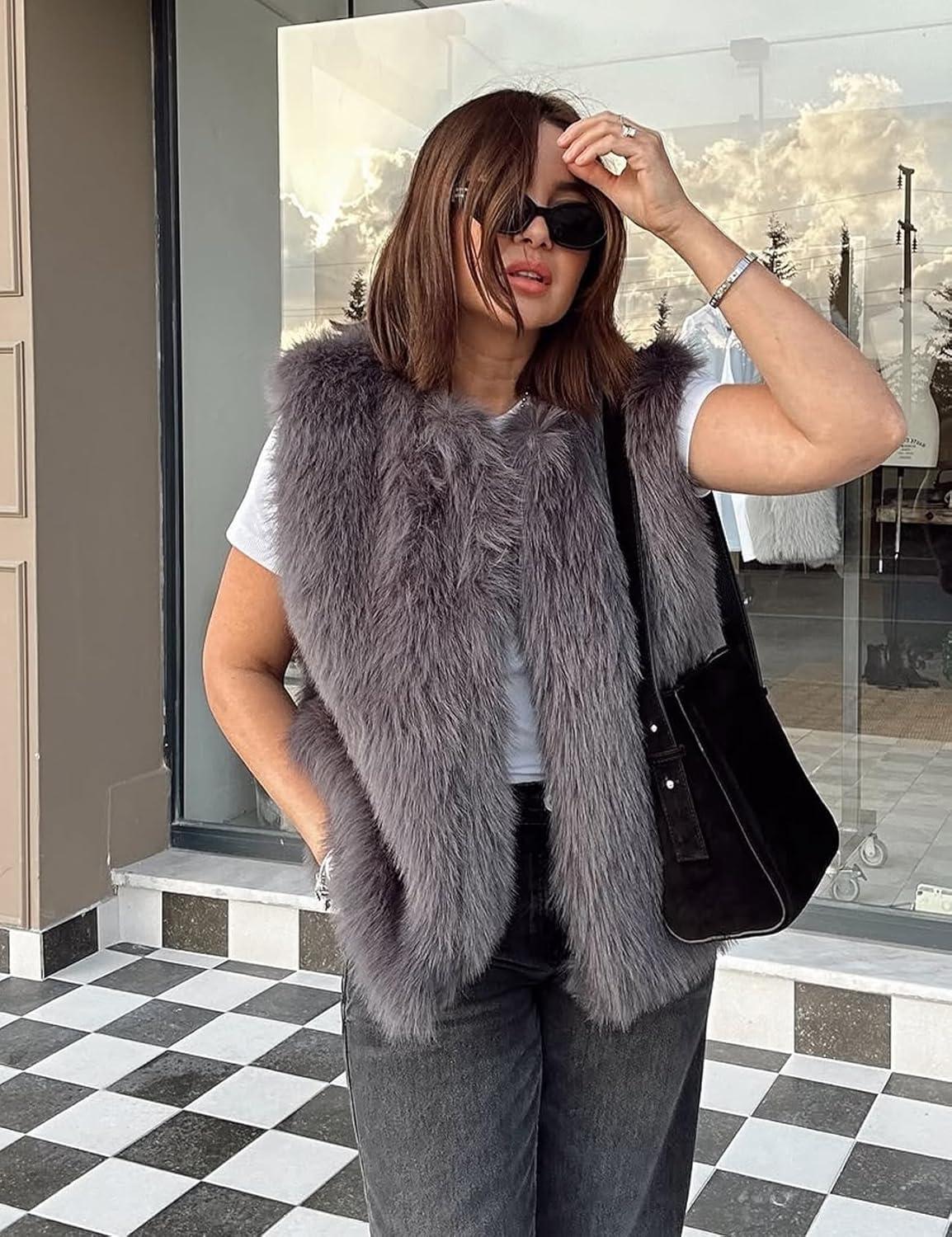 imageFlygo Faux Fur Vest Women Sleeveless Faux Fur Jacket Furry Open Front Cardigan Top Fluffy Winter Vest OuterwearTaupe