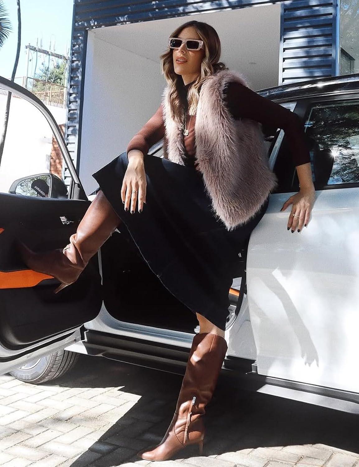 imageFlygo Faux Fur Vest Women Sleeveless Faux Fur Jacket Furry Open Front Cardigan Top Fluffy Winter Vest OuterwearTaupe