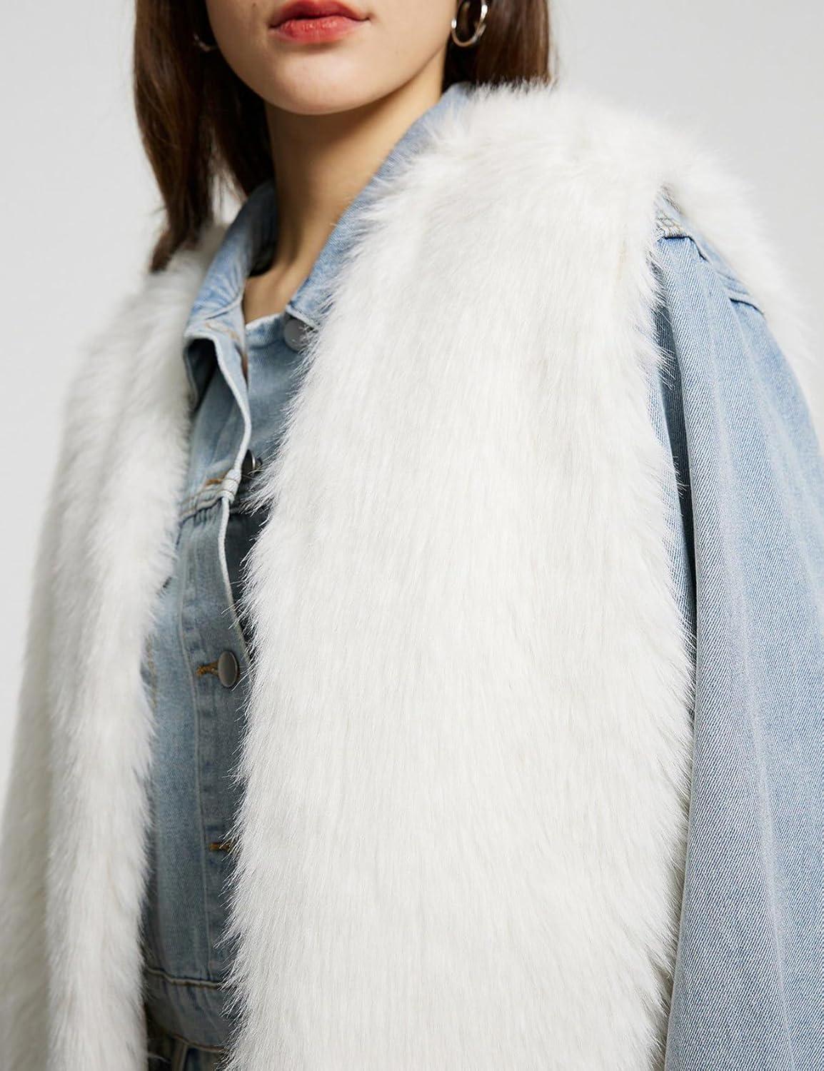 imageFlygo Faux Fur Vest Women Sleeveless Faux Fur Jacket Furry Open Front Cardigan Top Fluffy Winter Vest OuterwearWhite