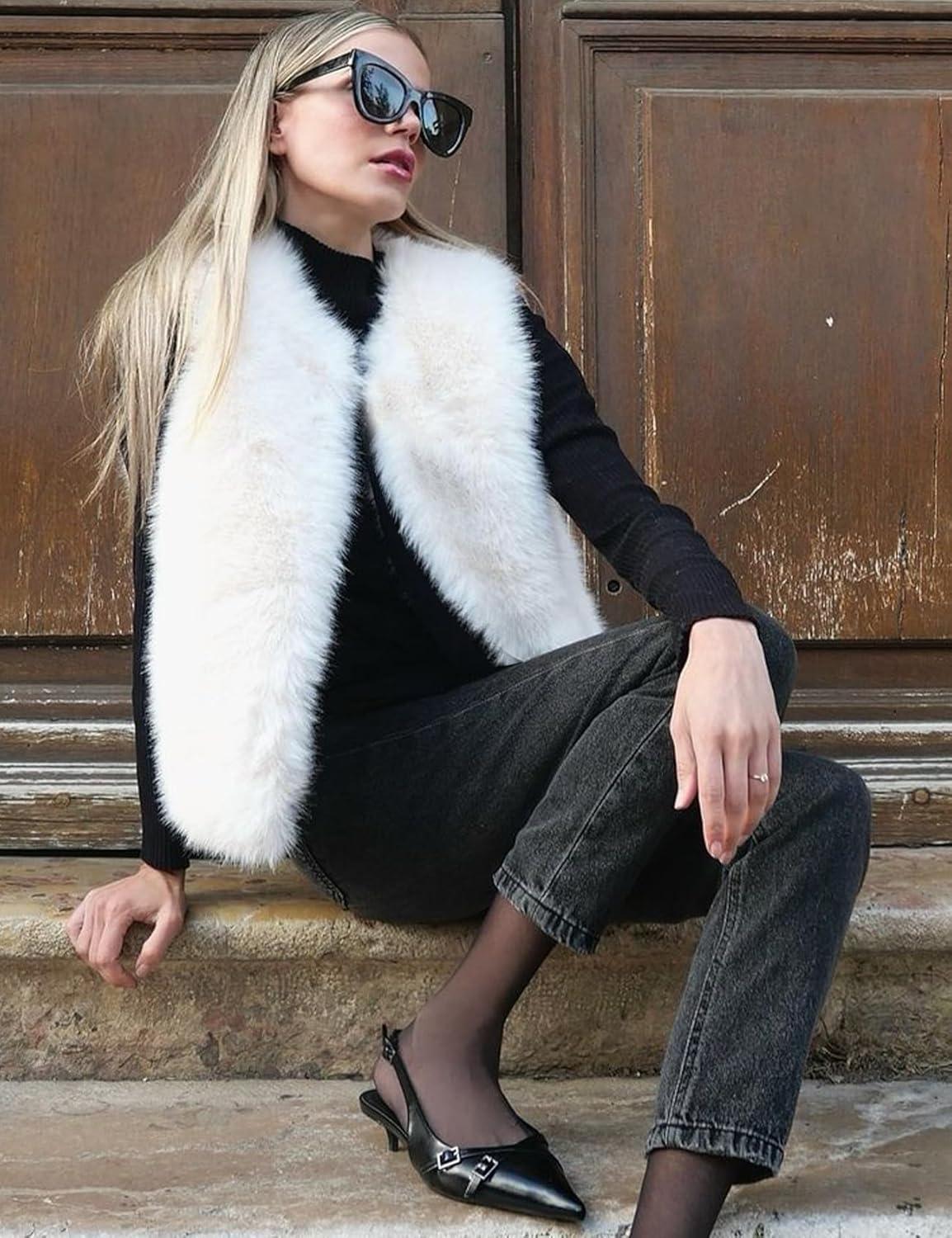 imageFlygo Faux Fur Vest Women Sleeveless Faux Fur Jacket Furry Open Front Cardigan Top Fluffy Winter Vest OuterwearWhite