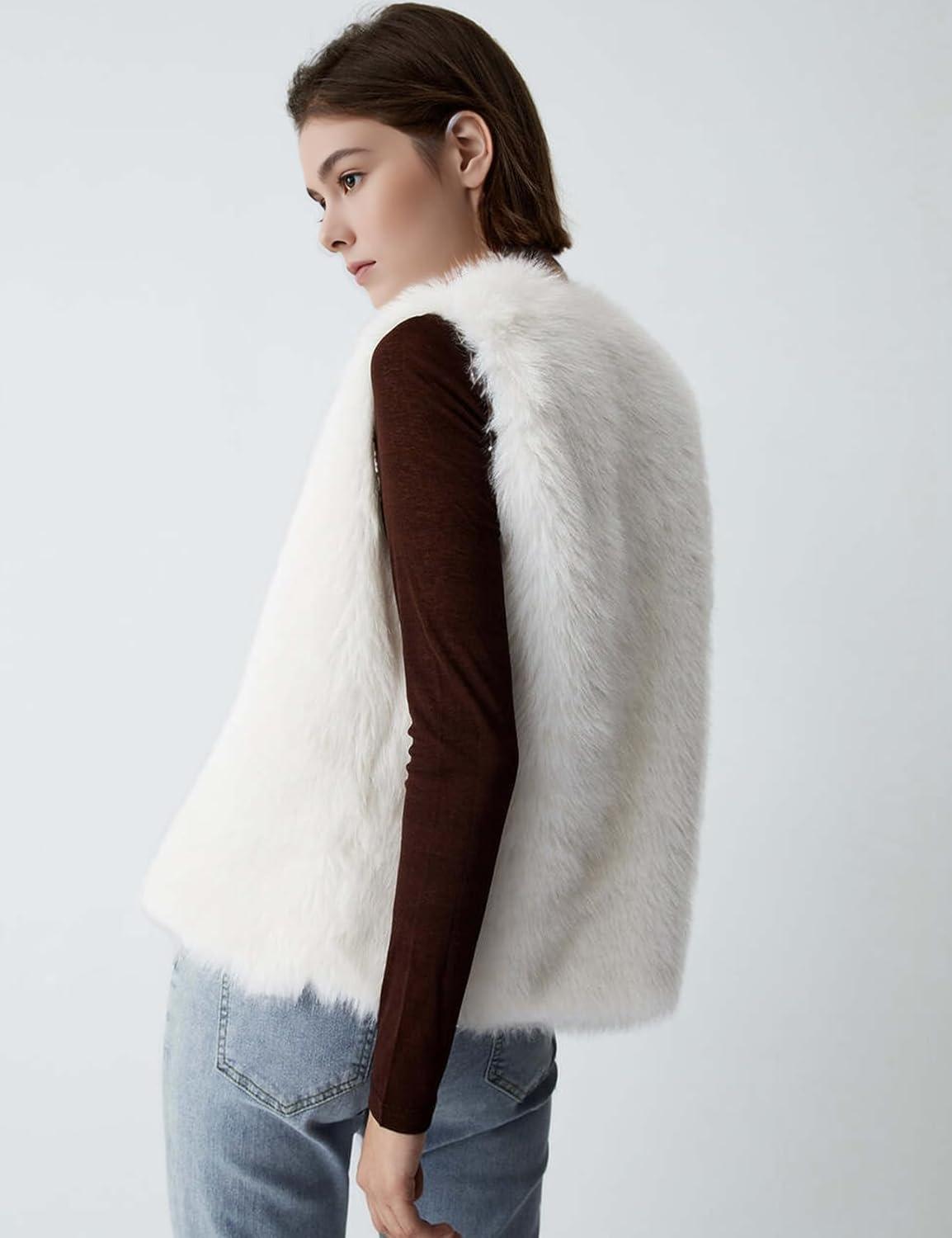 imageFlygo Faux Fur Vest Women Sleeveless Faux Fur Jacket Furry Open Front Cardigan Top Fluffy Winter Vest OuterwearWhite