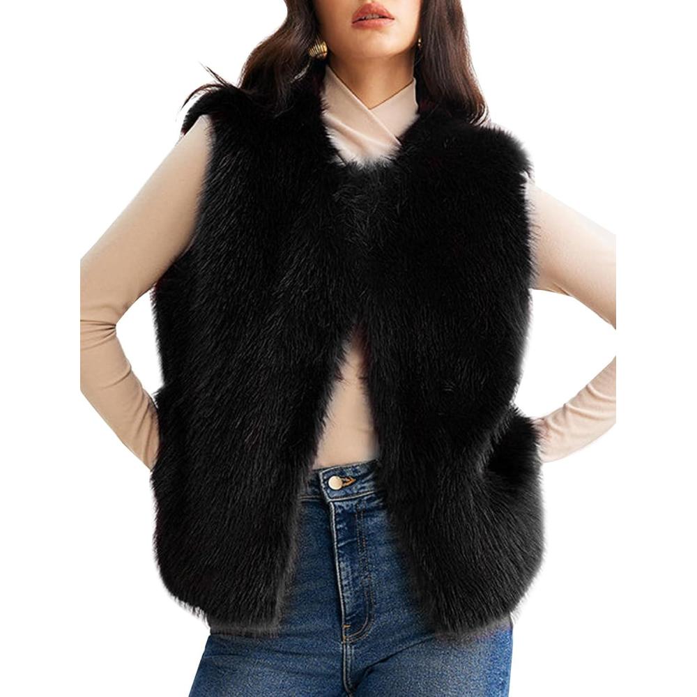 imageFlygo Faux Fur Vest Women Sleeveless Faux Fur Jacket Furry Open Front Cardigan Top Fluffy Winter Vest OuterwearBlack