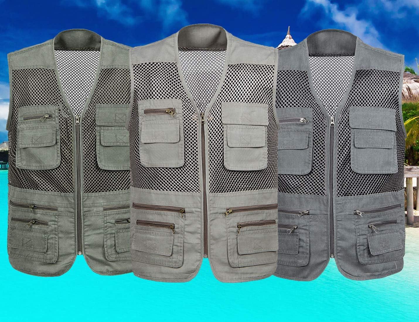 imageFlygo Mens Mesh Fishing Vest Outdoor MultiPocket Photagraphy Journalists Vest Beige Large
