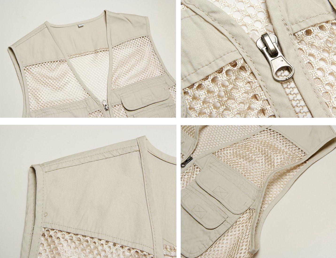 imageFlygo Mens Summer Mesh Fishing Vest Photography Work MultiPockets Outdoors Journalists Vest Sleeveless JacketKhaki