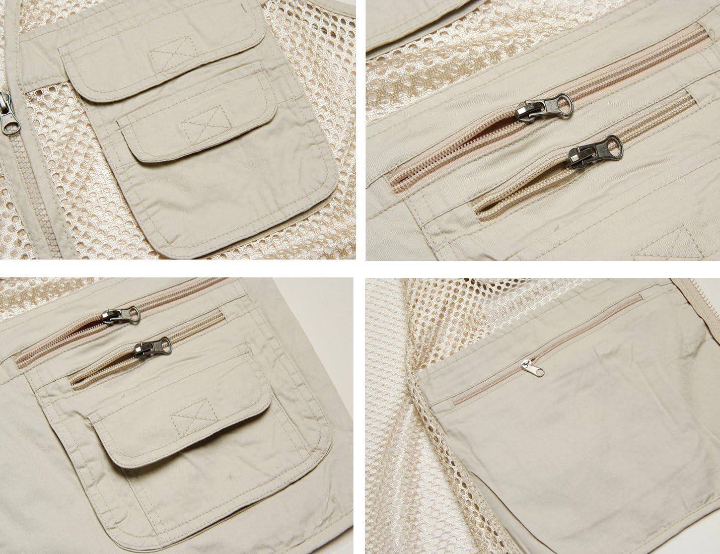 imageFlygo Mens Summer Mesh Fishing Vest Photography Work MultiPockets Outdoors Journalists Vest Sleeveless JacketKhaki