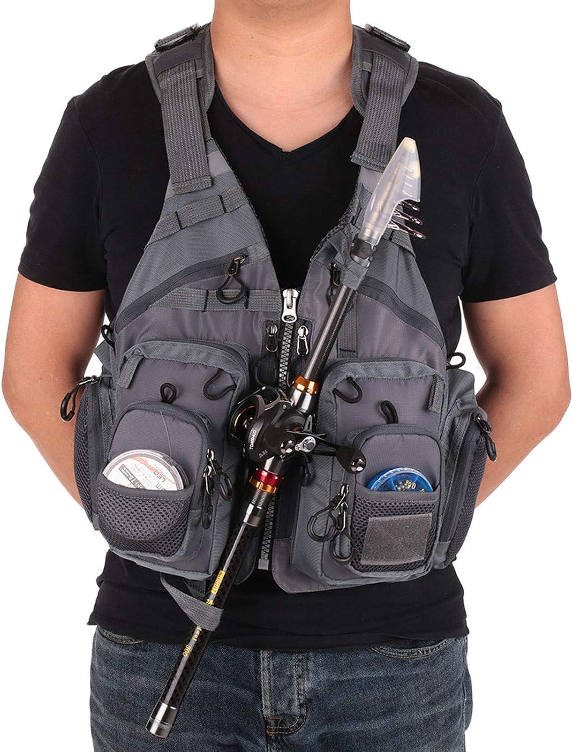 imageFlygo MultiPockets Fly Bass Fishing Vest Pack for Outdoor Activities Adjutable Size for MenWomenRed Without Foam