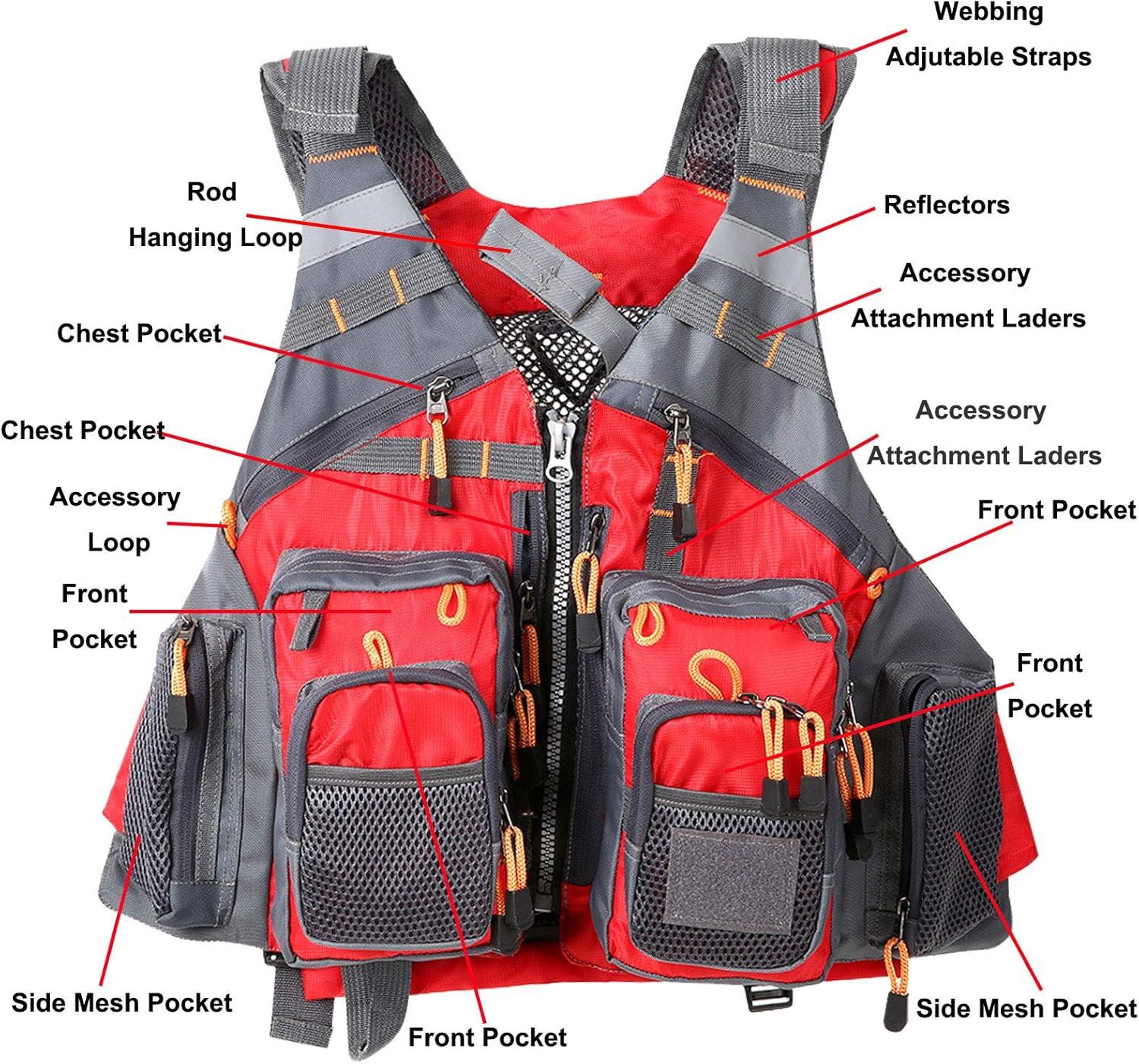 imageFlygo MultiPockets Fly Bass Fishing Vest Pack for Outdoor Activities Adjutable Size for MenWomenRed Without Foam