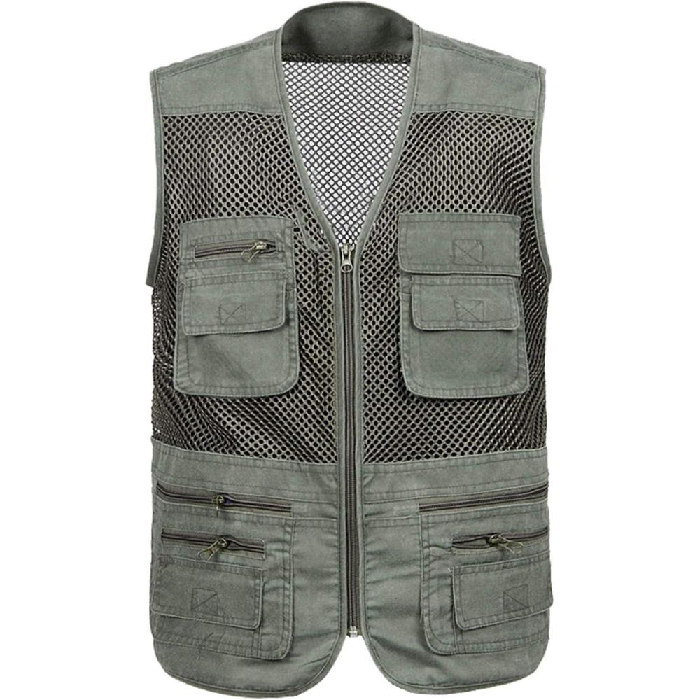 imageFlygo Mens Mesh Fishing Vest Outdoor MultiPocket Photagraphy Journalists Vest Army Green XLarge