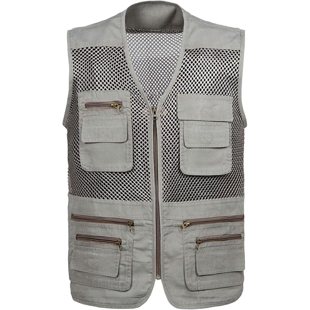 imageFlygo Mens Mesh Fishing Vest Outdoor MultiPocket Photagraphy Journalists Vest Beige Small