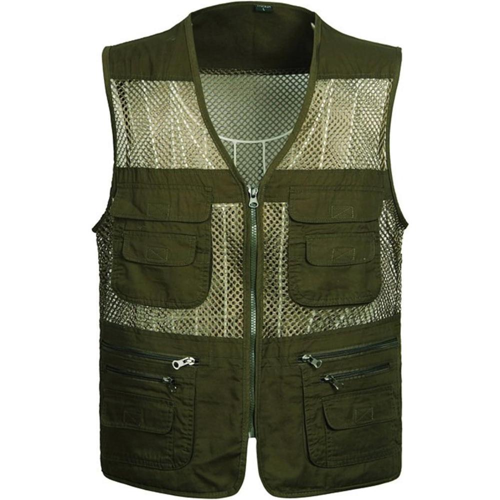 imageFlygo Mens Summer Mesh Fishing Vest Photography Work MultiPockets Outdoors Journalists Vest Sleeveless JacketArmy Green