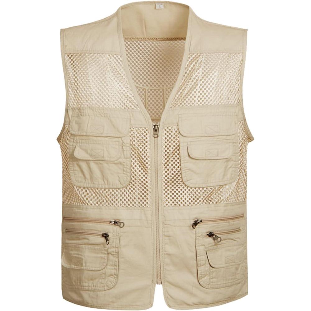 imageFlygo Mens Summer Mesh Fishing Vest Photography Work MultiPockets Outdoors Journalists Vest Sleeveless JacketKhaki