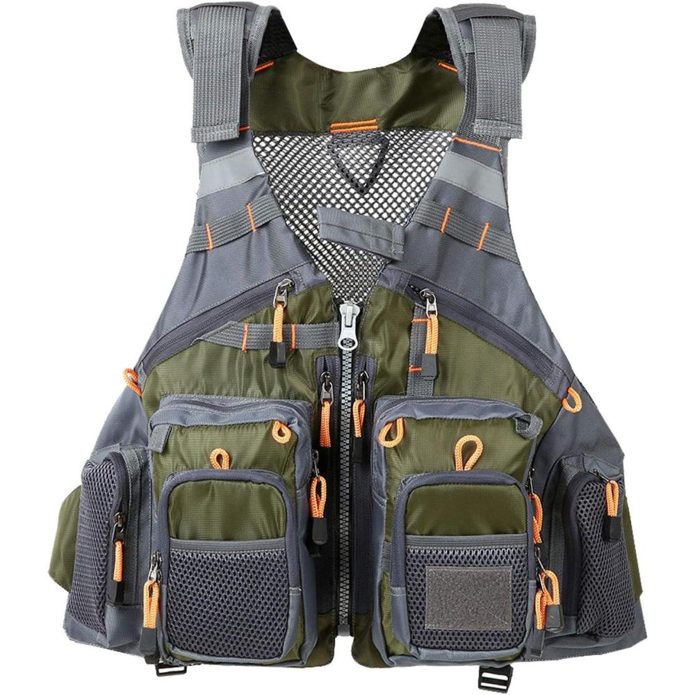 imageFlygo MultiPockets Fly Bass Fishing Vest Pack for Outdoor Activities Adjutable Size for MenWomenArmy Green Without Foam