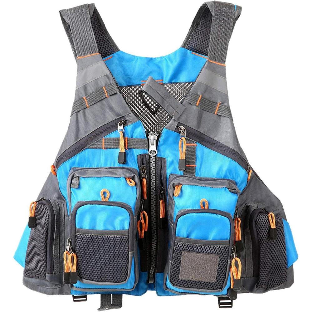 imageFlygo MultiPockets Fly Bass Fishing Vest Pack for Outdoor Activities Adjutable Size for MenWomenBlue Foam Style