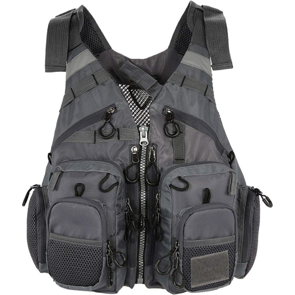 imageFlygo MultiPockets Fly Bass Fishing Vest Pack for Outdoor Activities Adjutable Size for MenWomenGrey Without Foam