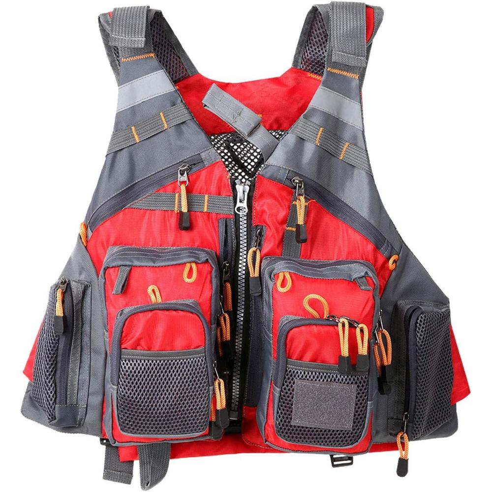 imageFlygo MultiPockets Fly Bass Fishing Vest Pack for Outdoor Activities Adjutable Size for MenWomenRed Without Foam