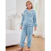 imageFlygo Girls 2 Piece Fuzzy Pants Sets Bear Ear Sweatshirt Hoodie Fleece Sweatpants Kids Fluffy Clothing Sets with PocketsBlue