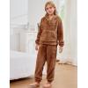 imageFlygo Girls 2 Piece Fuzzy Pants Sets Bear Ear Sweatshirt Hoodie Fleece Sweatpants Kids Fluffy Clothing Sets with PocketsBrown