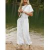 imageFlygo One Piece Jumpsuits for Women Crewneck Short Sleeve Casual Wide Leg Long Pants Drawstring Rompers Outfits with PocketsLightgrey