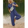 imageFlygo One Piece Jumpsuits for Women Crewneck Short Sleeve Casual Wide Leg Long Pants Drawstring Rompers Outfits with PocketsNavyblue