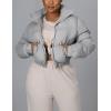 imageFlygo Women Cropped Quilted Puffer Jacket Winter Fashion Long Sleeve Bubble Short Down CoatGrey