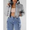 imageFlygo Women Cropped Quilted Puffer Jacket Winter Fashion Long Sleeve Bubble Short Down CoatGrey