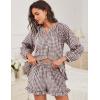 imageFlygo Women Gingham 2 Piece Pajama Sets Y2K Plaid Ruffle Short Sets Raglan Sleeve Shirt Lounge Shorts Sleepwear with PocketsCoffee