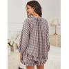 imageFlygo Women Gingham 2 Piece Pajama Sets Y2K Plaid Ruffle Short Sets Raglan Sleeve Shirt Lounge Shorts Sleepwear with PocketsCoffee