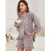 imageFlygo Women Gingham 2 Piece Pajama Sets Y2K Plaid Ruffle Short Sets Raglan Sleeve Shirt Lounge Shorts Sleepwear with PocketsCoffee