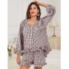 imageFlygo Women Gingham 2 Piece Pajama Sets Y2K Plaid Ruffle Short Sets Raglan Sleeve Shirt Lounge Shorts Sleepwear with PocketsCoffee