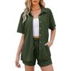imageFlygo Women Two Piece Casual Outfits Y2K Loungewear Pleated Short Pants Button Down Shirt Streetwear SetsArmyGreenM