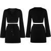 imageFlygo Womens 2 Piece Outfits Long Bell Sleeve Criss Cross Wrap Crop Top Mini Skirt SetBlack