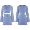 imageFlygo Womens 2 Piece Outfits Long Bell Sleeve Criss Cross Wrap Crop Top Mini Skirt SetBlue