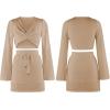 imageFlygo Womens 2 Piece Outfits Long Bell Sleeve Criss Cross Wrap Crop Top Mini Skirt SetKhaki