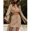 imageFlygo Womens 2 Piece Outfits Long Bell Sleeve Criss Cross Wrap Crop Top Mini Skirt SetKhaki