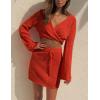 imageFlygo Womens 2 Piece Outfits Long Bell Sleeve Criss Cross Wrap Crop Top Mini Skirt SetRed