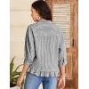 imageFlygo Womens 34 Sleeve Striped Button Down Shirts Cropped Ruffle Hem Casual Collared Drop Shoulder Cotton Blouse Summer TopsBlack