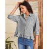 imageFlygo Womens 34 Sleeve Striped Button Down Shirts Cropped Ruffle Hem Casual Collared Drop Shoulder Cotton Blouse Summer TopsBlack