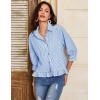 imageFlygo Womens 34 Sleeve Striped Button Down Shirts Cropped Ruffle Hem Casual Collared Drop Shoulder Cotton Blouse Summer TopsBlue