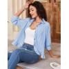 imageFlygo Womens 34 Sleeve Striped Button Down Shirts Cropped Ruffle Hem Casual Collared Drop Shoulder Cotton Blouse Summer TopsBlue