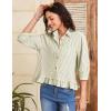 imageFlygo Womens 34 Sleeve Striped Button Down Shirts Cropped Ruffle Hem Casual Collared Drop Shoulder Cotton Blouse Summer TopsOlive