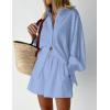 imageFlygo Womens Casual 2 Piece Outfits Puff Sleeve Button Down Blouse High Waisted Shorts SetBlue