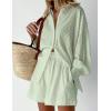 imageFlygo Womens Casual 2 Piece Outfits Puff Sleeve Button Down Blouse High Waisted Shorts SetLightgreen