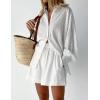 imageFlygo Womens Casual 2 Piece Outfits Puff Sleeve Button Down Blouse High Waisted Shorts SetWhite