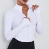 imageFlygo Womens Cropped Workout Jacket 12 Zip Athletic Yoga Running Pullover Tops with Thumb Hole02 White