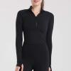 imageFlygo Womens Cropped Workout Jacket 12 Zip Athletic Yoga Running Pullover Tops with Thumb HoleBlackM