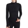 imageFlygo Womens Cropped Workout Jacket 12 Zip Athletic Yoga Running Pullover Tops with Thumb HoleBlackM