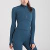 imageFlygo Womens Cropped Workout Jacket 12 Zip Athletic Yoga Running Pullover Tops with Thumb HoleBlue