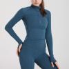 imageFlygo Womens Cropped Workout Jacket 12 Zip Athletic Yoga Running Pullover Tops with Thumb HoleBlue