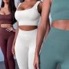 imageFlygo Womens Gym Yoga Outfits 2 Piece Ribbed Sports Bra High Waist Leggings Set Workout TracksuitsBeige