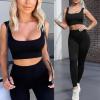 imageFlygo Womens Gym Yoga Outfits 2 Piece Ribbed Sports Bra High Waist Leggings Set Workout TracksuitsBlack